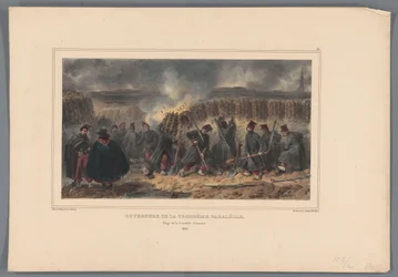 Soldaten graben een loopgraaf, 1832 Apertura del tercer paralelo (título sobre objeto) Dibujos hechos de la naturaleza en el asedio de la Ciudadela de Amberes por Raffet (título de la serie sobre el objeto)