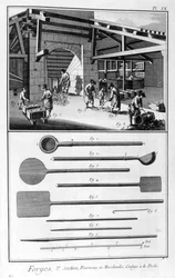 Una forja, horno, vertido en el molde, 1751-1777