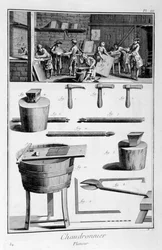 Interior de una ferretería y planos de instrumentos, 1751-1777