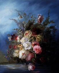 Naturaleza muerta. Ramo de flores junto al agua con rosas y tulipanes. Pintura de Denis Pierre Bergeret (1846-1910) Colección particular.