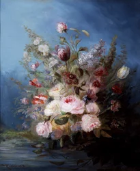 Naturaleza muerta. Ramo de flores junto al agua con rosas y tulipanes. Pintura de Denis Pierre Bergeret (1846-1910) Colección particular.