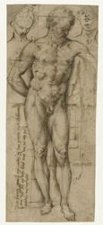 Estudio de un hombre desnudo (¿Hércules?) y dos cabezas de mujer