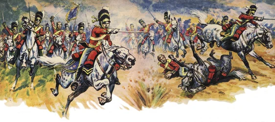 "¡A por ellos, grises!" La carga de la Brigada de la Unión (Caballería) en la Batalla de Waterloo (litografía en color)