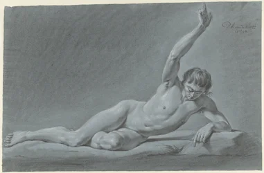 Desnudo masculino recostado con el brazo levantado