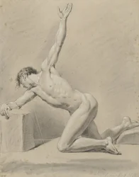 Hombre desnudo, haciendo una genuflexión sobre la rodilla izquierda, hacia la izquierda