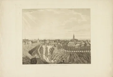 Nijmegen, vista desde el Belvédère hacia el oeste Hacia el Oeste (título sobre el objeto) Lugares de interés alrededor de la ciudad de Nijmegen (título de la serie) Panorama de Geldersch o vista redonda de la vida dibujada en belvedere en Nymegen (título d