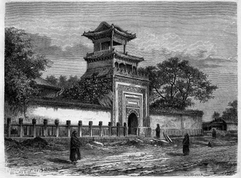 Mezquita en Pekín (Beijing) en la década de 1870. Grabado después de un dibujo de Deroy, en “Le Tour du Monde, Nuevo diario de Viajes”, editado por Edouard Charton, París
