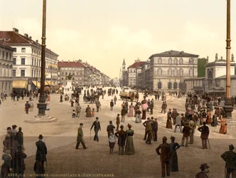Escena de calle, Odensplatz y Ludwigstrasse, Múnich, Baviera, Alemania, c.1900