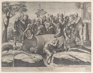 Marcus Atilius Regulus en un barril mientras dos hombres clavan los clavos, varias figuras, 1555-77