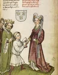 El emperador Segismundo ante Juana de Arco. De: La vida y los tiempos del emperador Segismundo por Eberhard Windeck, c. 1450