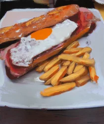 Bocata con huevo y patatas fritas, 2018 (pintura acrílica sobre foto impresa)