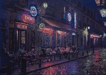 Calle y bar madrileño, 2025 (acrílico, tinta y lápiz sobre tela)