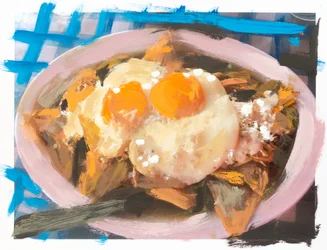 Chilaquiles con pollo y huevo, 2018 (pintura acrílica sobre foto impresa)
