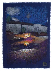Fogón en madFaber, 2025 (acrílico, tinta y lápiz sobre tela)