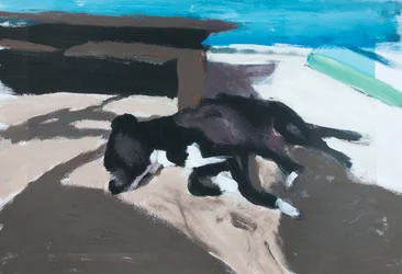 Perro en una isla 01, 2019 (pintura acrílica sobre foto impresa)