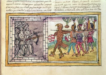 Códice Durán: Pedro de Alvarado (c. 1485-1541), compañero de armas de Hernando Cortés (1485-1547), asediado por guerreros aztecas