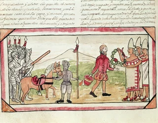 Reunión de Hernando Cortés (1485-1547) y Moctezuma (1466-1520), miniatura de la 
