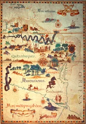 Agregar 5415A f.23v-24 Atlas de Diego Homem de América del Sur, que muestra a los indios en sus asentamientos, campamento de la fuerza expedicionaria española y hombres con armadura, c.1558