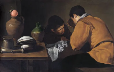 Dos jóvenes comiendo en una mesa humilde c.1618-20 (óleo sobre lienzo)