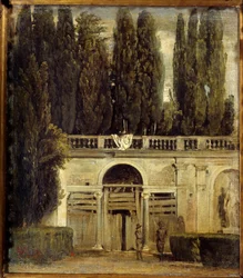 Villa Médicis en Roma, dos hombres en la entrada de la cueva de la logia en construcción