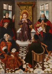 Jesús entre los doctores - Cristo entre los doctores - Cruz, Diego de la (activo 1482-1500) - c. 1490 - Óleo sobre madera - 102x76 - Museo Lazaro Galdiano, Madrid