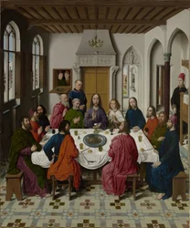 La recolección del maná y la Pascua (anverso izquierda), La última cena (centro), El encuentro de Abraham y Melquisedec y Elías despertado por el ángel (1 Reyes 19:5-6) (anverso derecha).