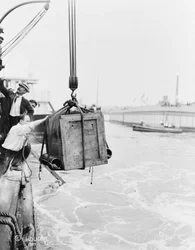 Caja que contiene a Harry Houdini, siendo bajada a la bahía de Nueva York, 1912