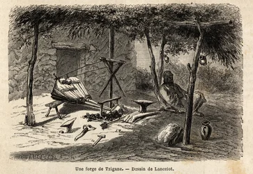 Una fragua gitana en la región de Valaquia, Rumania. Grabado para ilustrar el viaje de París a Bucarest, por Lancelot, dibujante, en 1860, publicado en "Le tour du monde, nouveau journal des voyages", bajo la dirección de Edouard Charton