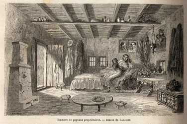 Una casa de campesinos propietarios, en las cercanías de Orezu (región de Valaquia, Rumania). Grabado para ilustrar el viaje de París a Bucarest, por Lancelot, dibujante, en 1860, publicado en “Le tour du monde, nouveau journal des voyages”, bajo la direcc
