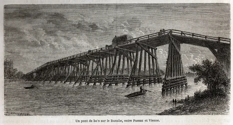 Un puente de madera sobre el Danubio, entre Passau y Viena, dibujo de Lancelot, para ilustrar el viaje de Victor Duruy de París a Bucarest en 1860. Grabado en "Le tour du monde", editado por Edouard Charton