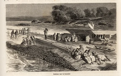Una balsa de madera en el Danubio, para el transporte de mercancías y personas, dibujo de Lancelot, para ilustrar el viaje de Victor Duruy de París a Bucarest en 1860. Grabado en "Le tour du monde", editado por Edouard Charton