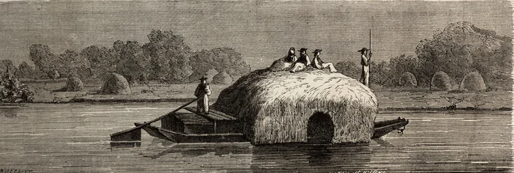 Corte, cosecha y transporte de forraje en las orillas del Danubio. Dibujo de Lancelot, para ilustrar su viaje de París a Bucarest en 1860. Grabado en 