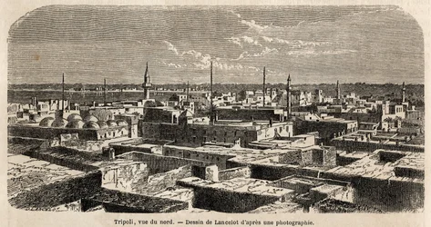 Vista general de Trípoli, dibujo de Lancelot, para ilustrar los paseos tripolitanos, en 1860, del Barón de Krafft. Grabado en “Le tour du monde” 1861. Colección Selva.