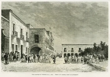 Palacio Municipal de Valladolid. Grabado por Lancelot para ilustrar la historia Mi última expedición al Yucatán, por Désiré Charnay, en le tour du monde 1887, dirigido por Edouard Charton (1807-1890), Hachette, París.