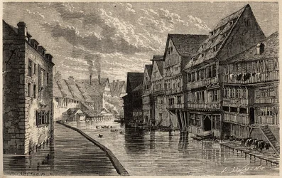 Antiguas tenerías, en Ulm, dibujo de Lancelot, para ilustrar el viaje de Victor Duruy de París a Bucarest en 1860. Grabado en "Le tour du monde", editado por Edouard Charton