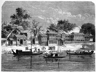 Palacio concebido para los misioneros franceses en Tien Tsin (Tien-Tsin, Tianjin), China. Grabado por Lancelot, en “Le Tour du Monde, Nouveau journal des Voyages”, editado por Edouard Charton, París