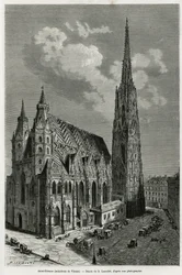 Catedral de San Esteban (Stephansdom) (construida entre 1113 y 1147), Viena (Austria). Ilustración de la historia Viena y sus suburbios, por M. Newlinski, en 1881, publicado en Le tour du monde