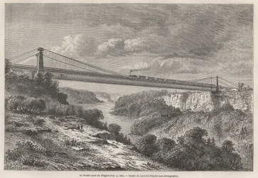 El Puente Doble de Niágara, ilustración de los viajes de L. Deville a América del Norte en 1854-55. Grabado en 
