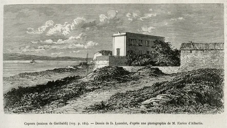 La casa de Giuseppe Garibaldi (1807-1882) en La Caprera (Cerdeña), grabado según un dibujo de D.Lancelot, para ilustrar la historia de Siria hoy, por el Sr.Lortet, decano de la Facultad de Medicina de Lyon, encargado de una misión científica por el Ministe
