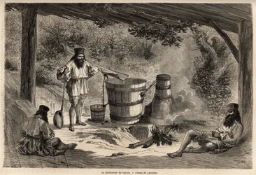 La fabricación de rakiou, alcohol de cereal, una especie de aguardiente muy común en Rumania. Grabado para ilustrar el viaje de París a Bucarest, por Lancelot, dibujante, en 1860, publicado en “Le tour du monde, nouveau journal des voyages”, bajo la direcc
