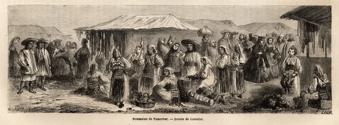 La población caminante de Tesmevar (o Timisoara) en Rumania. Grabado para ilustrar el viaje de París a Bucarest, por Lancelot, dibujante, en 1860, publicado en “Le tour du monde, nouveau journal des voyages”, bajo la dirección de Edouard Charton