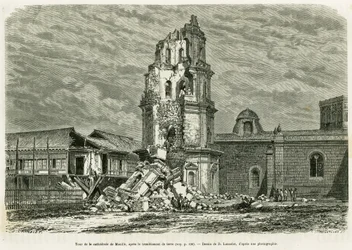 Torre de la Catedral de Manila, después del terremoto del 18 de julio de 1880. Grabado de Lancelot para ilustrar la historia 