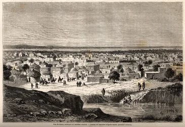 Vista de Kano (ciudad y estado al norte de la actual Nigeria), almacén del Sudán central, dibujo de Lancelot, para ilustrar el viaje de 1849-1855, al centro de África del Dr. Henri Barth. Grabado en “Le tour du monde, nouveau journal des voyages”
