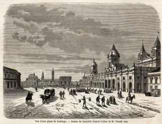 Vista de una plaza en Santiago (Chile), dibujo de Lancelot, para ilustrar el viaje a Sudamérica, en 1823, de Giovanni Mastai Ferretti (1792-1878, futuro Pío IX). Grabado en 