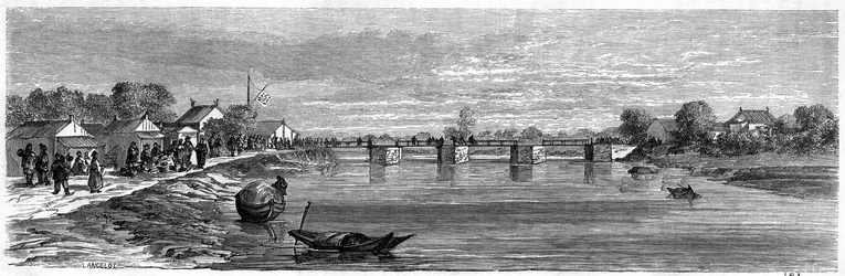 Vista del puente sobre el río Suzhou cerca de Shanghái en 1860, China. Grabado por Lancelot, en “Le Tour du Monde, Nouveau journal des Voyages”, editado por Edouard Charton, París