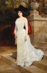 Retrato de una dama, de pie a cuerpo entero, con un vestido crema y una capa roja