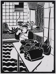 Venta de pescado, Sicilia, 2025 (Linograbado)