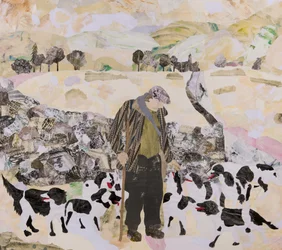 Un hombre y sus perros en la nieve, 2018 (collage)