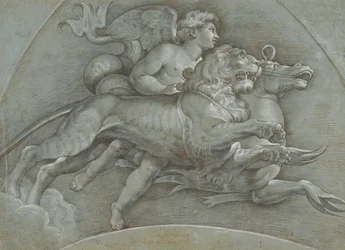 Un Putto Alado Montando un Caballo Marino y un León después de Rafael, verso, 1574