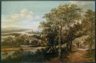 Amplio paisaje fluvial con un jinete y otras figuras en primer plano